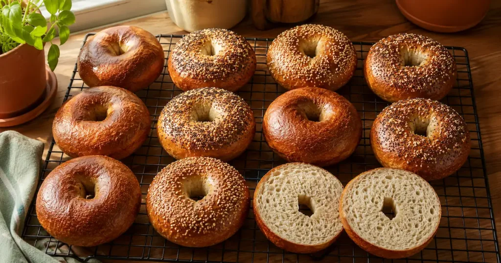 Dozen glossy sourdough bagels on a wire rack with sesame and everything seasoning toppings and one sliced open