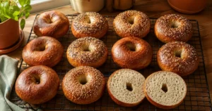 Dozen glossy sourdough bagels on a wire rack with sesame and everything seasoning toppings and one sliced open