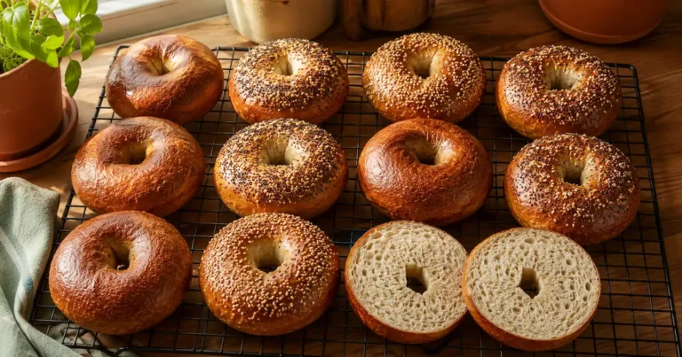 Dozen glossy sourdough bagels on a wire rack with sesame and everything seasoning toppings and one sliced open