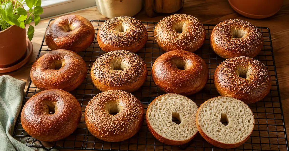Dozen glossy sourdough bagels on a wire rack with sesame and everything seasoning toppings and one sliced open