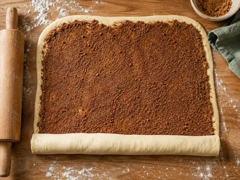 Overhead shot of sourdough cinnamon roll dough rolled flat with cinnamon sugar filling spread edge to edge before rolling