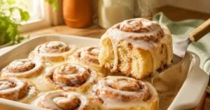 Pan of glazed sourdough cinnamon rolls with cream cheese icing and one roll lifted showing soft pull apart layers