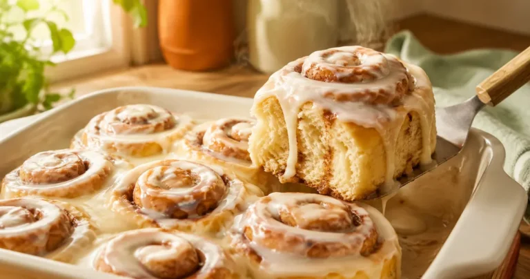 Pan of glazed sourdough cinnamon rolls with cream cheese icing and one roll lifted showing soft pull apart layers