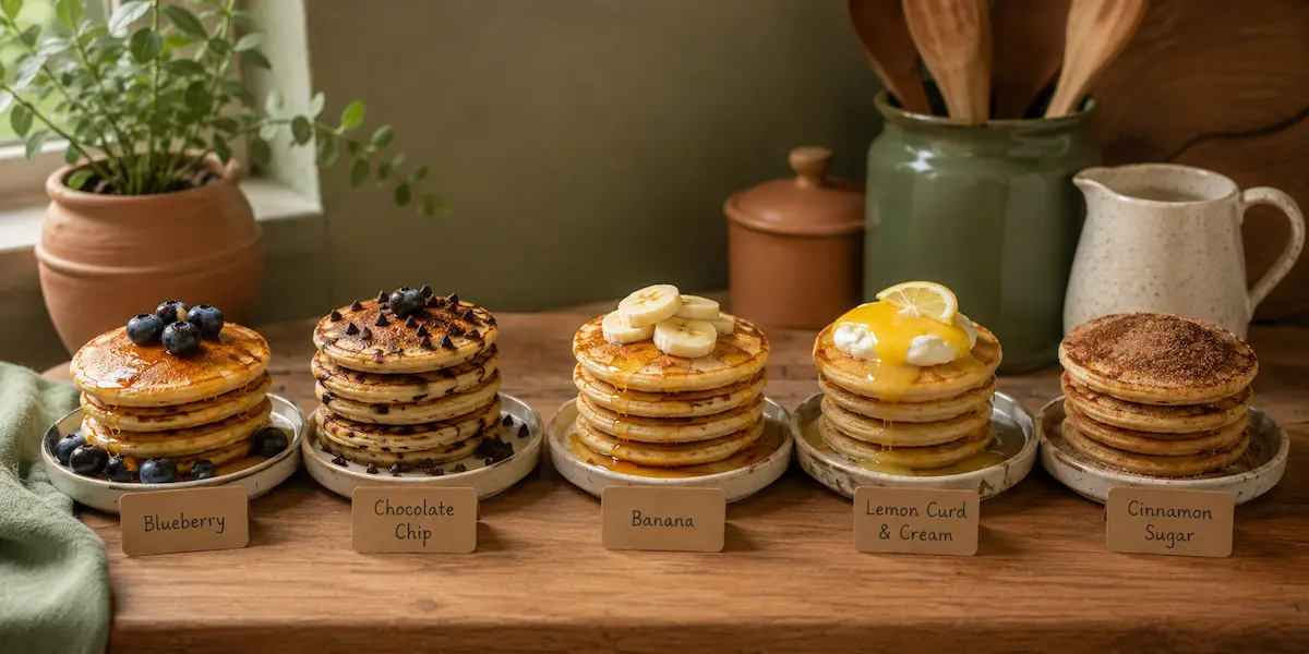 Five stacks of sourdough discard pancakes in a row each with different toppings including blueberries chocolate chips banana lemon curd and cinnamon sugar