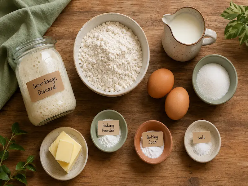 Sourdough discard pancake ingredients flat lay including discard jar flour eggs milk butter baking powder and baking soda on a wooden surface