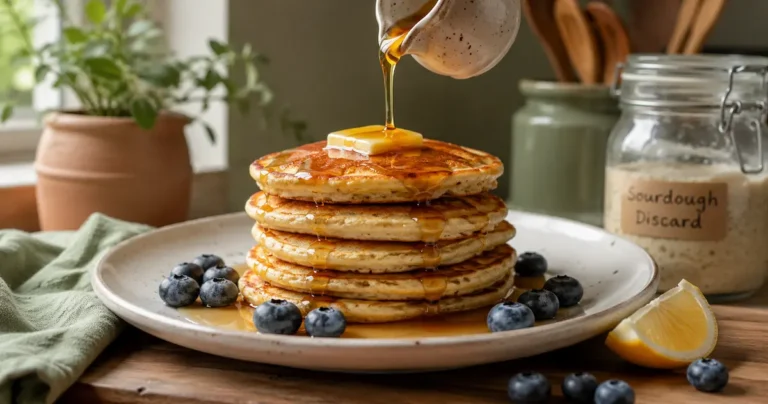 Stack of fluffy sourdough discard pancakes with butter and maple syrup on a white plate with fresh blueberries on a wooden counter