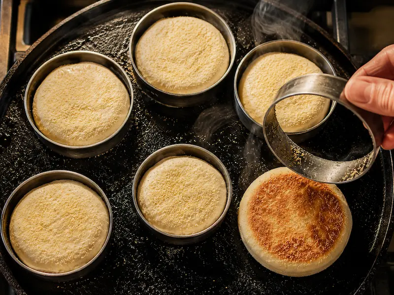 English muffin rings on a cast iron griddle with cornmeal dusted dough cooking and one ring lifted off a finished muffin