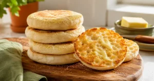Stack of split sourdough English muffins showing cornmeal crust and toasted buttered nooks and crannies texture