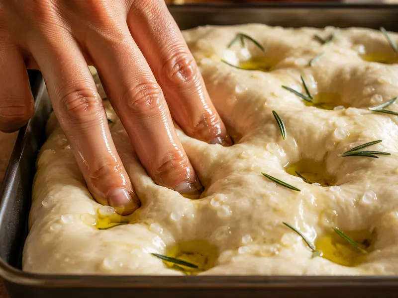 Oiled fingertips pressing deep dimples into risen sourdough focaccia dough with olive oil pooling