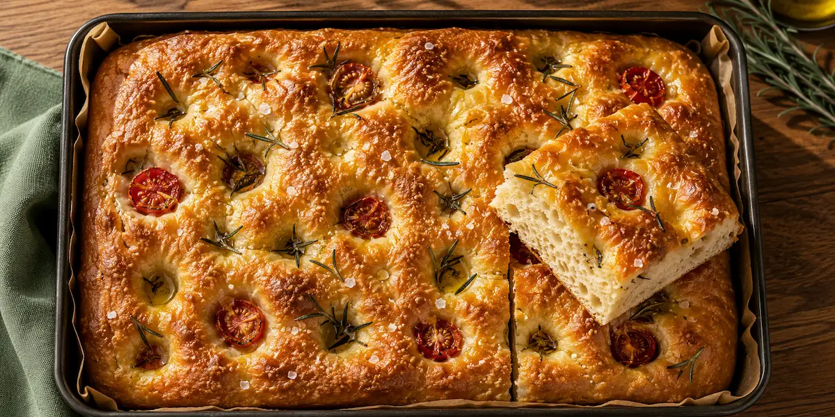 Overhead shot of golden sourdough focaccia with dimpled surface olive oil rosemary and flaky salt in a baking pan