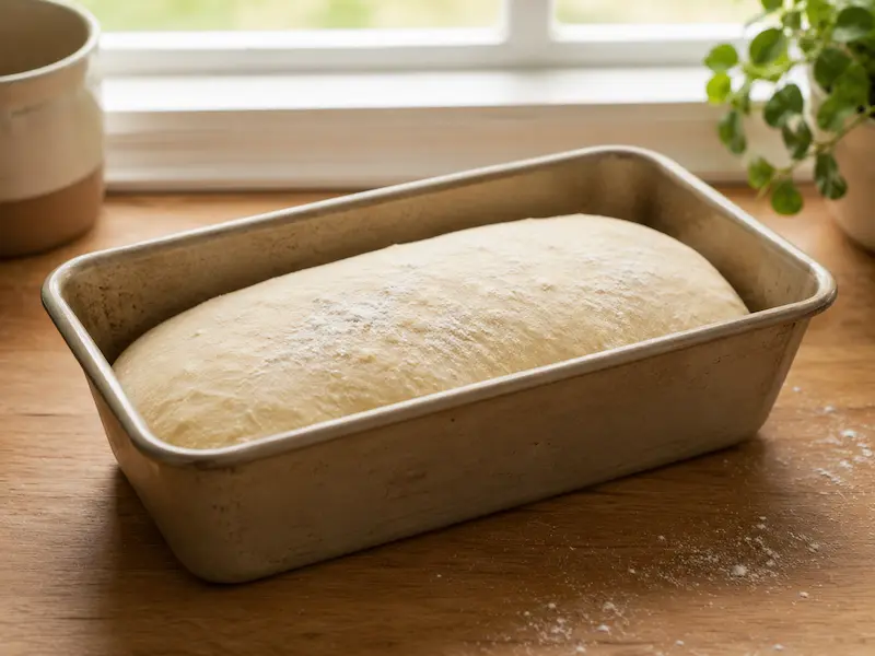 Shaped sourdough dough resting seam down inside a greased loaf pan before its final rise