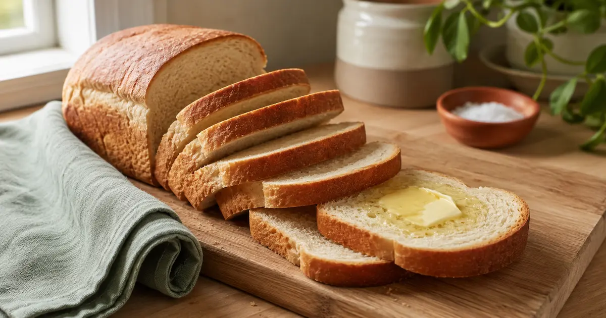 Sliced sourdough sandwich bread on a wooden board showing soft even crumb with one buttered slice