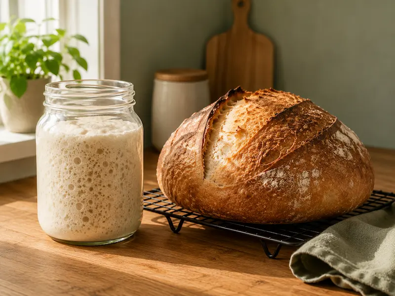 Active sourdough starter jar beside a finished sourdough loaf cooling on a wire rack on a wooden kitchen counter in warm morning light