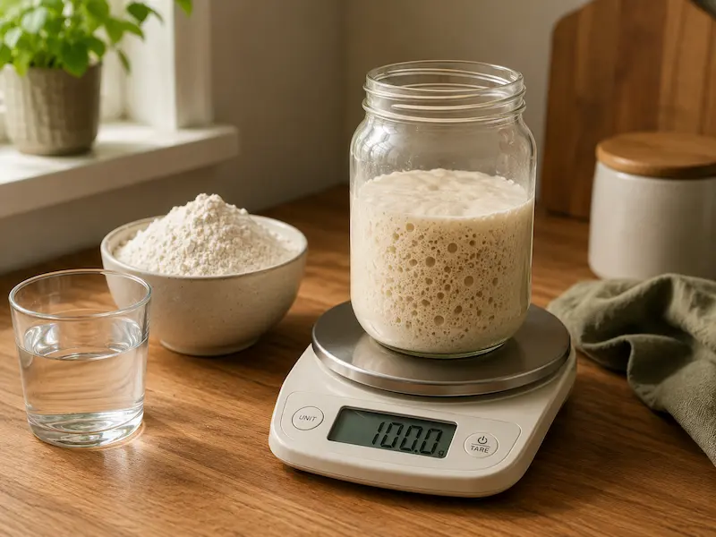 Kitchen scale with glass sourdough starter jar being weighed on a wooden counter with flour and water nearby ready for feeding