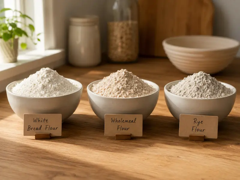 Three small bowls of different flour types on a wooden kitchen counter labelled white bread flour wholemeal and rye in natural morning light