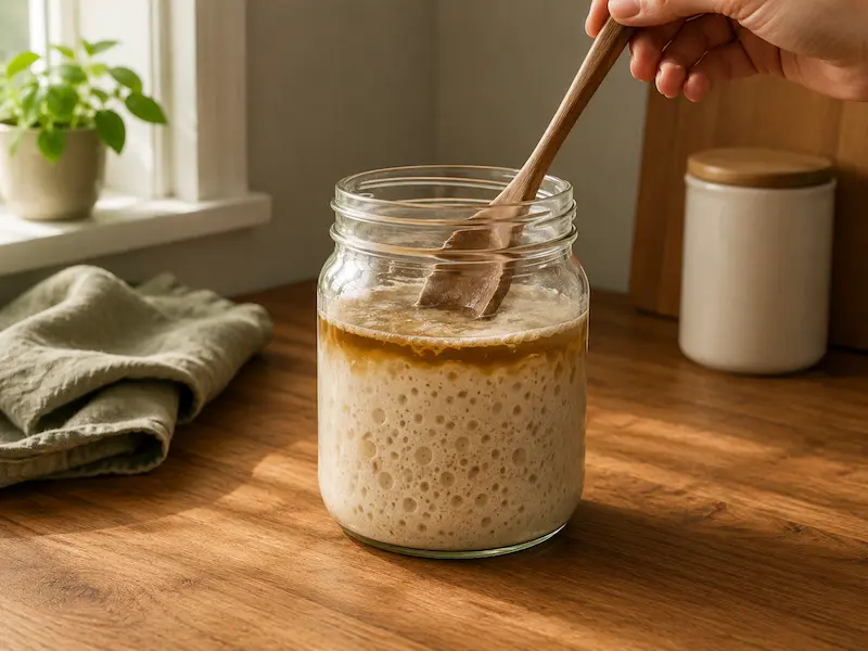 Sourdough starter jar showing dark liquid hooch on top with a hand holding a wooden spoon about to stir it in on a wooden kitchen counter