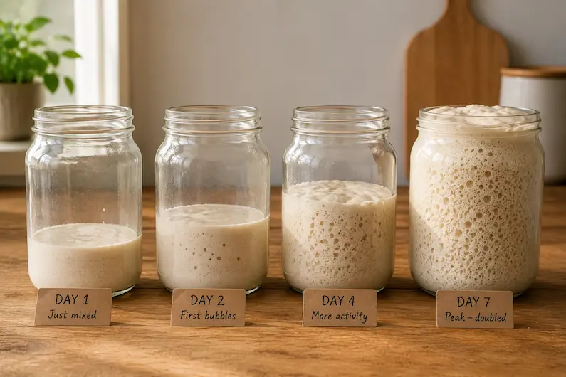 Four glass sourdough starter jars side by side showing progression from day one plain paste to day seven fully active doubled starter