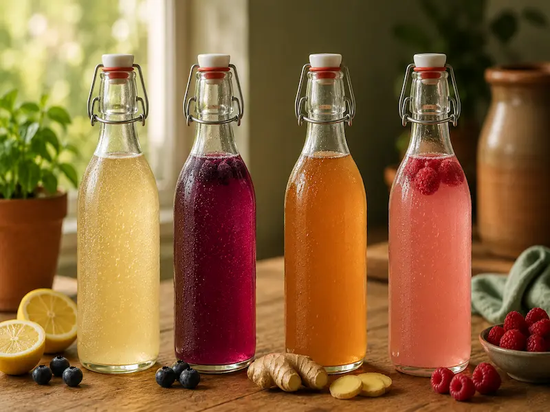 Four sealed flip-top bottles of flavoured water kefir in different colours on a wooden counter showing plain gold blueberry purple amber ginger and pale pink raspberry