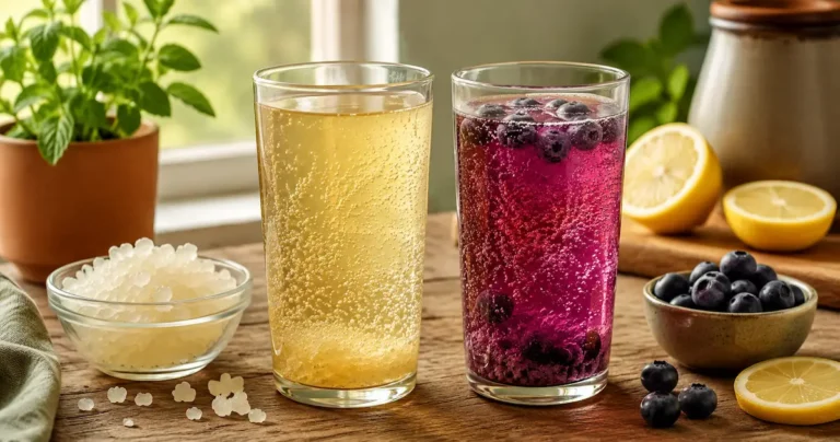 Two glasses of fizzy water kefir on a wooden counter one plain pale gold and one deep purple blueberry with kefir grains and fresh fruit beside them