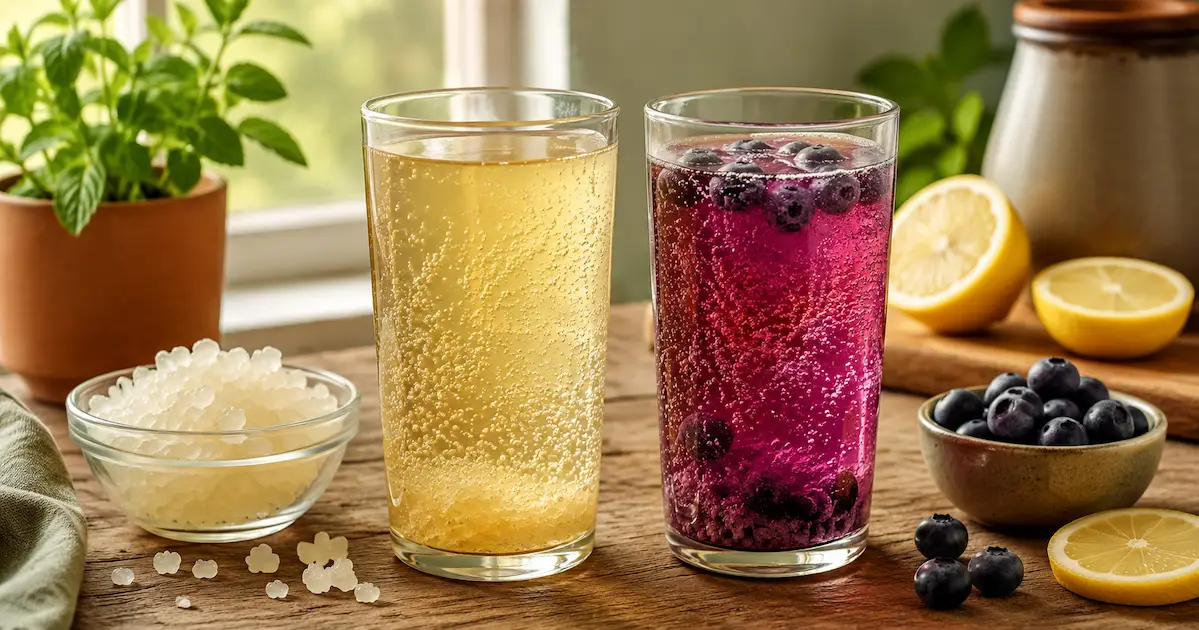 Two glasses of fizzy water kefir on a wooden counter one plain pale gold and one deep purple blueberry with kefir grains and fresh fruit beside them
