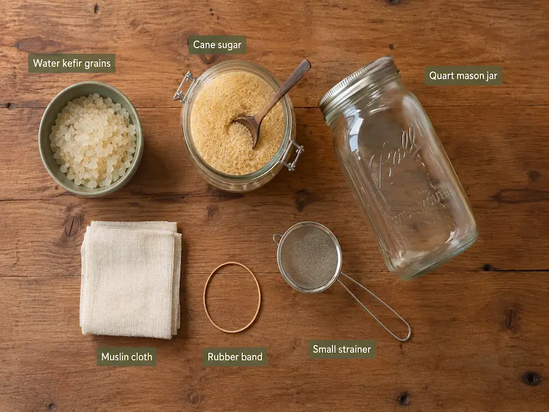 Water kefir recipe ingredients flat lay including translucent kefir grains cane sugar quart mason jar muslin cloth rubber band and fine mesh strainer on a wooden surface