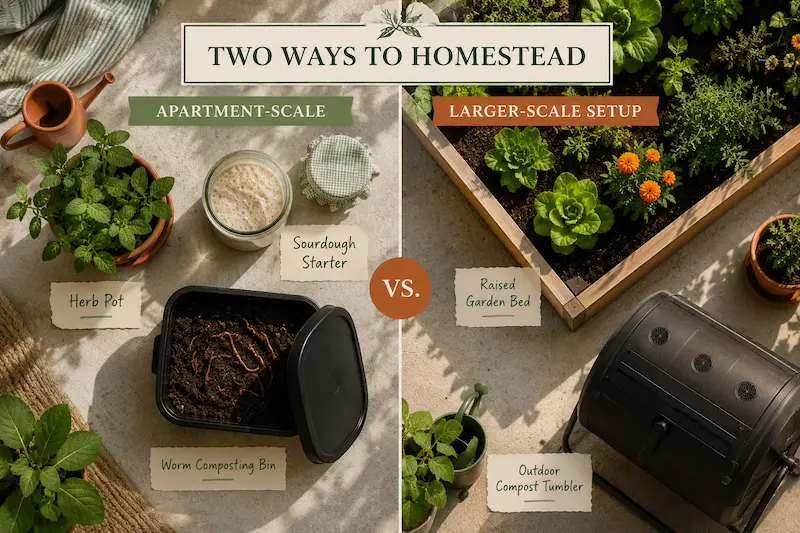 Comparison of typical apartment homesteading tools versus larger-scale urban homesteading setups