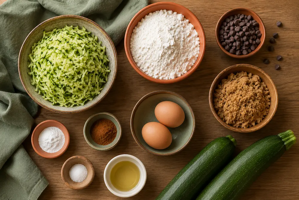 chocolate chip zucchini bread ingredients flat lay