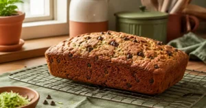 whole chocolate chip zucchini bread loaf cooling on rack