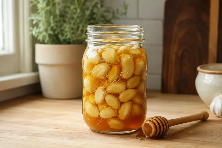 Mason jar of fermented garlic honey with bubbles rising through golden honey and whole garlic cloves