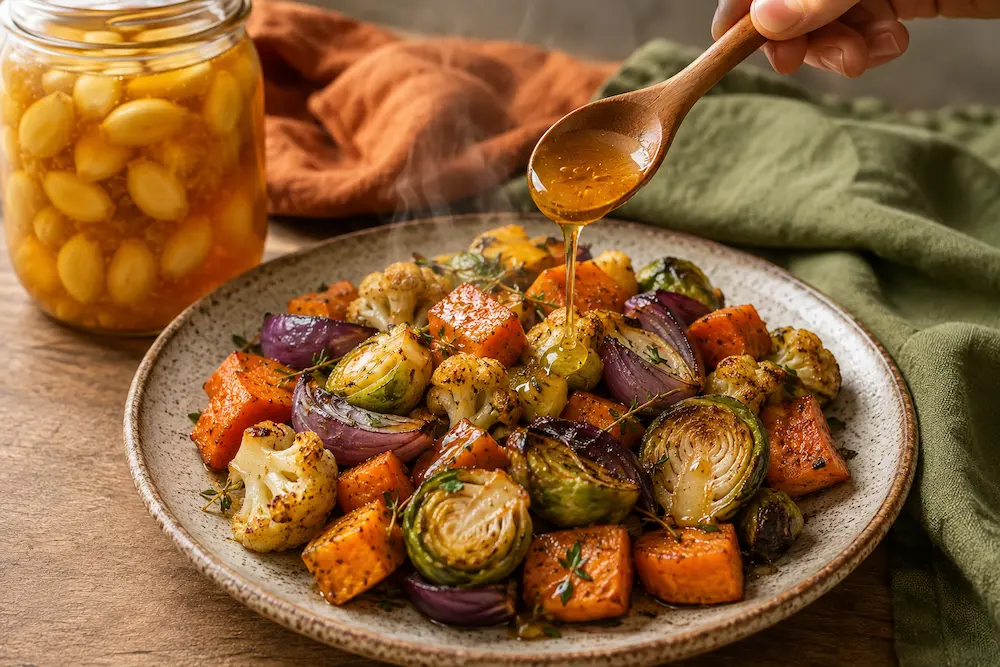 Fermented garlic honey drizzled over roasted vegetables on a plate