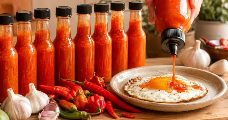 Row of glass bottles filled with fermented hot sauce next to fresh chili peppers with sauce being poured over food