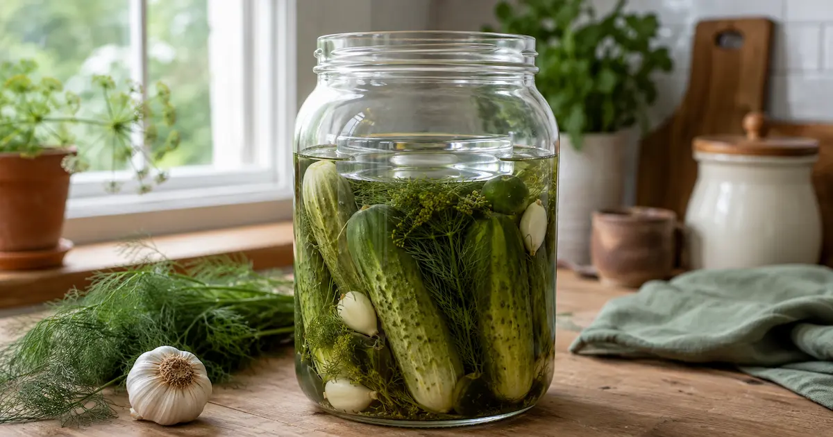 Jar of fermented dill pickles with cucumbers garlic and dill submerged in cloudy brine under a fermentation weight