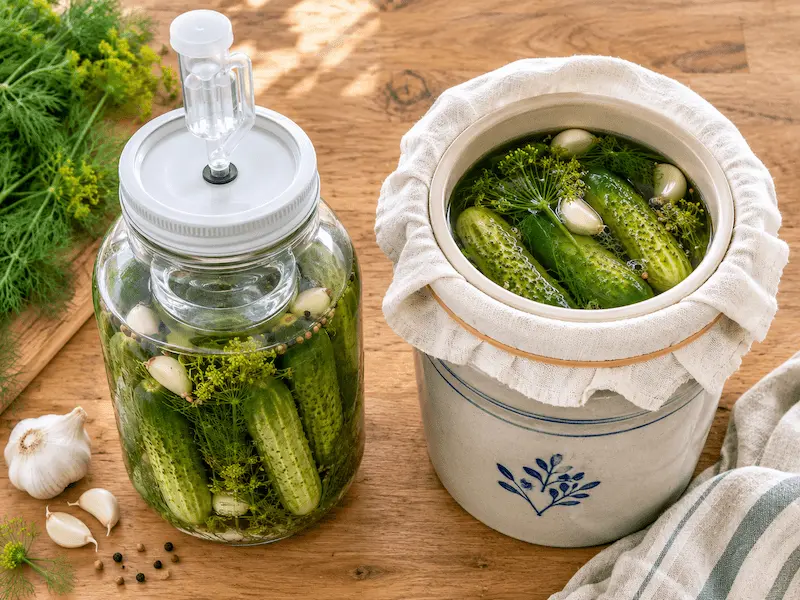 Side by side comparison of a mason jar with airlock lid and a ceramic crock with cloth cover for fermenting pickles