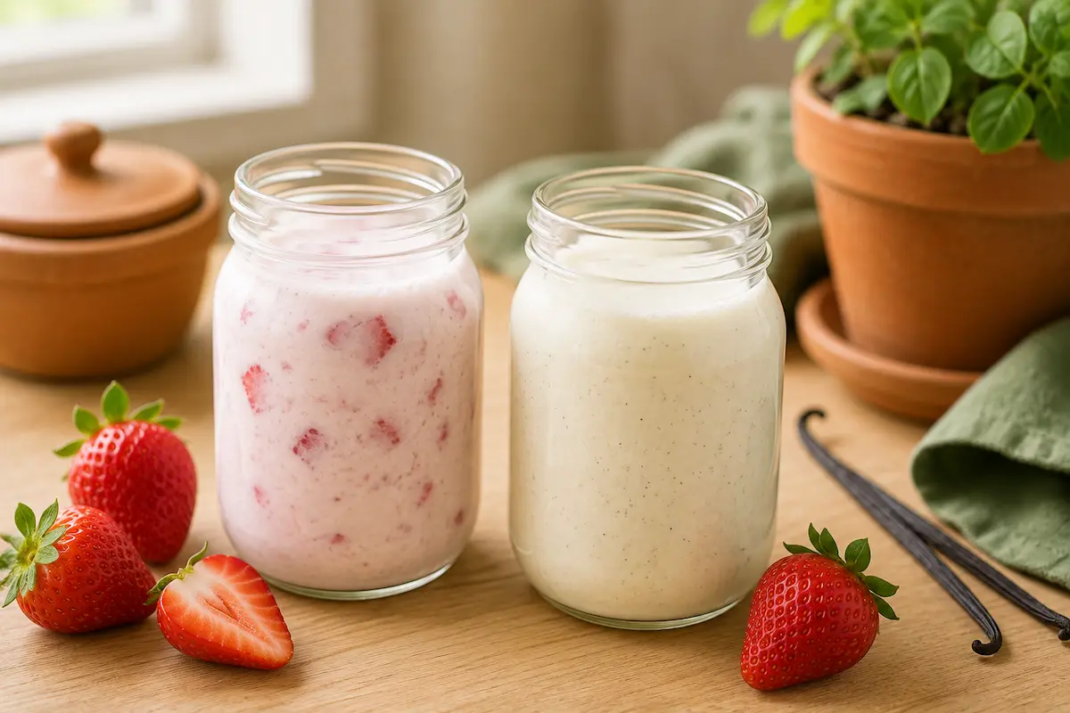 Two jars of flavored milk kefir with strawberry and vanilla