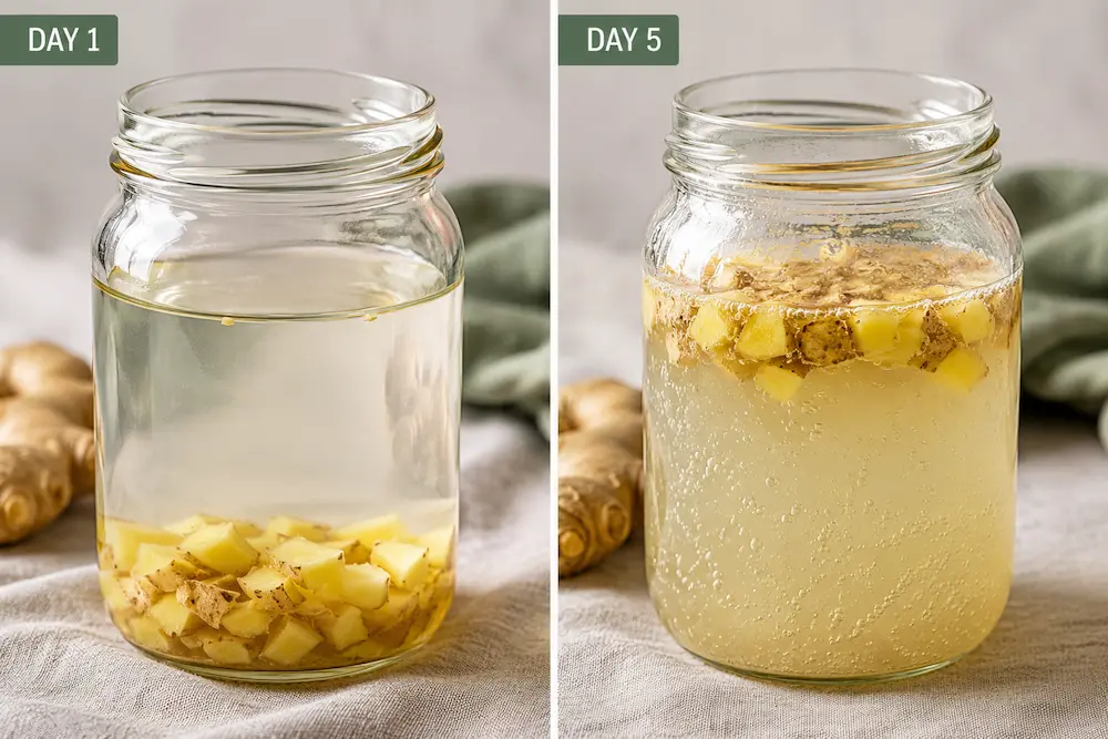 ginger bug day 1 versus day 5 fermentation comparison