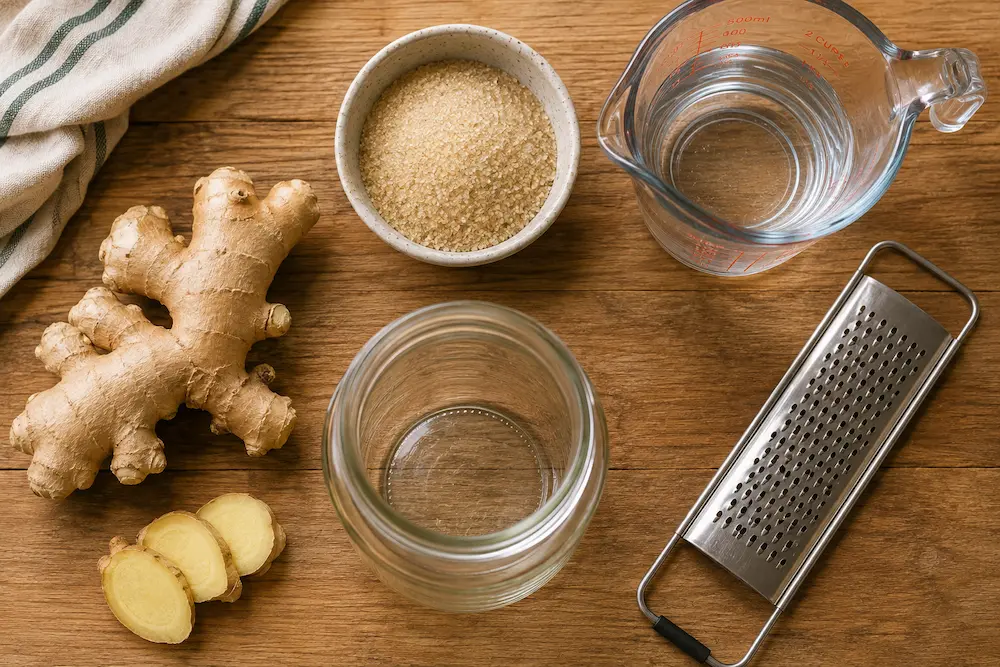 ginger bug ingredients flat lay with fresh ginger and sugar