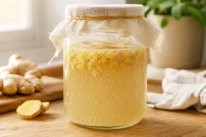 ginger bug starter jar with visible fermentation bubbles