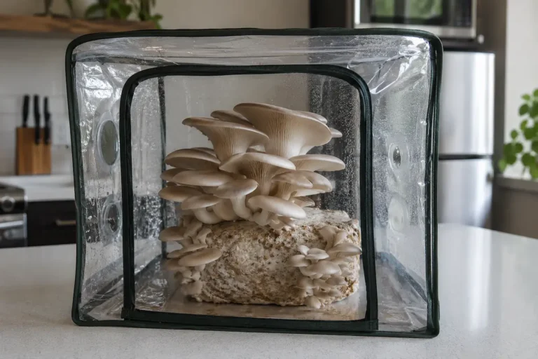 Oyster mushrooms fruiting inside a humidity tent on a kitchen counter