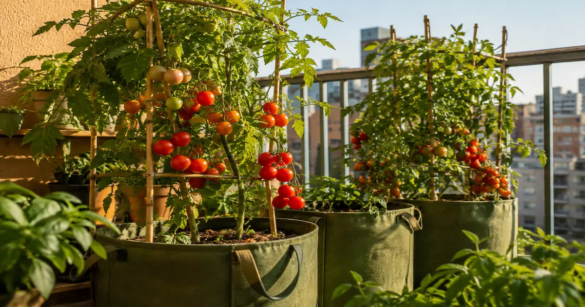 Staked tomato plants growing in fabric containers on a sunny apartment balcony