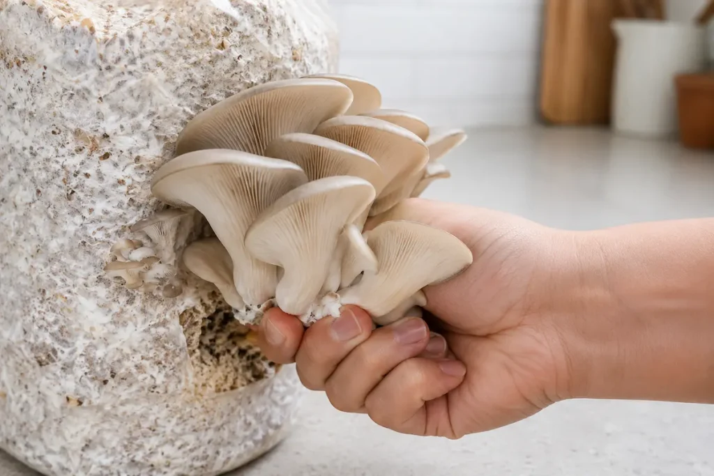 Hand harvesting a cluster of oyster mushrooms by twisting at the base