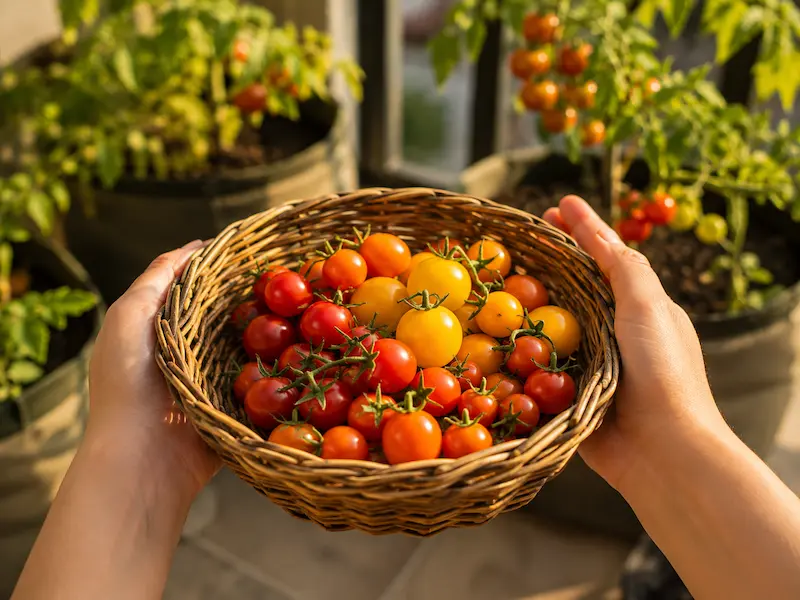 Freshly harvested cherry and patio tomatoes from container plants grown on a balcony