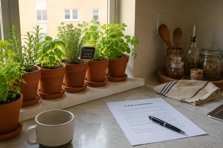 Windowsill herb garden in a rented apartment kitchen with a lease document nearby