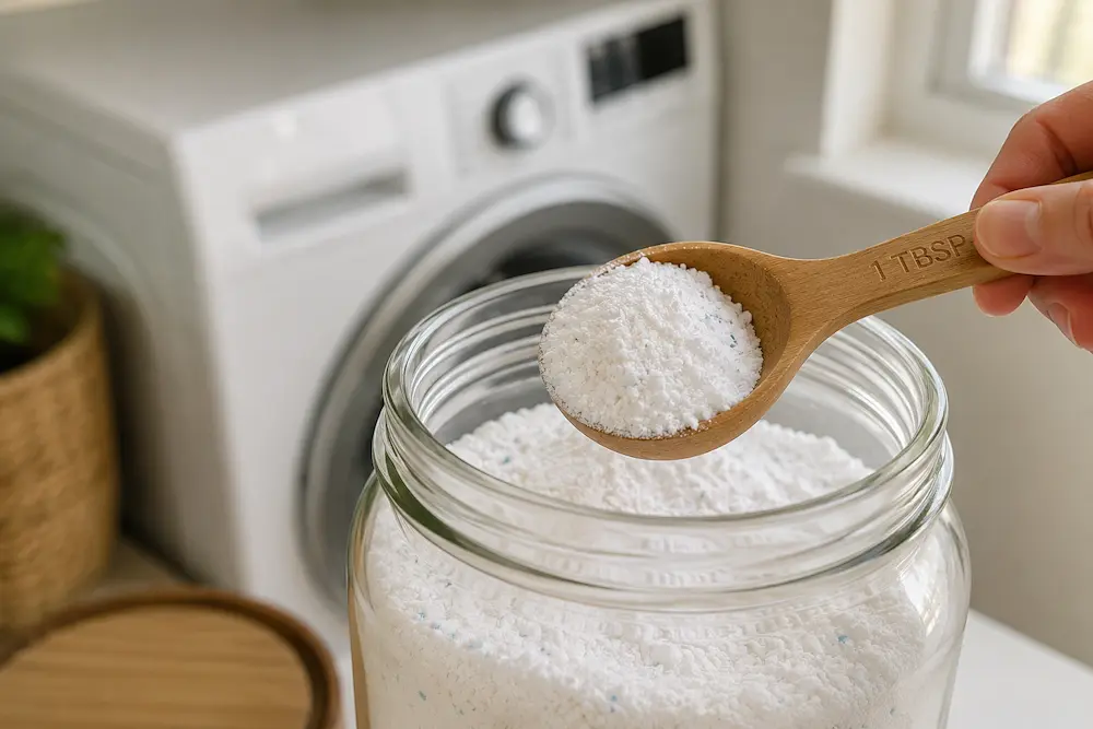 Measuring a tablespoon of natural laundry detergent powder before adding it to a washing machine