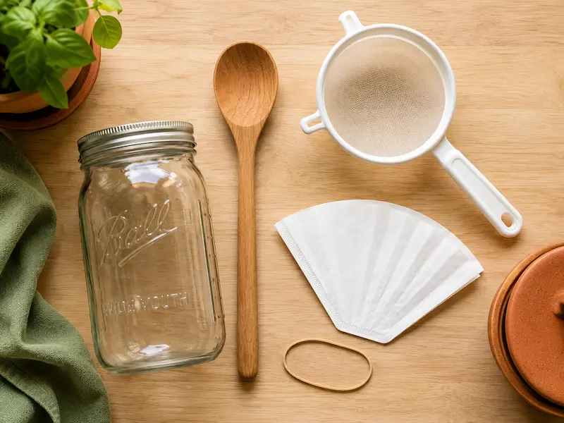 Flat lay of jar, wooden spoon, strainer, and coffee filter for kefir