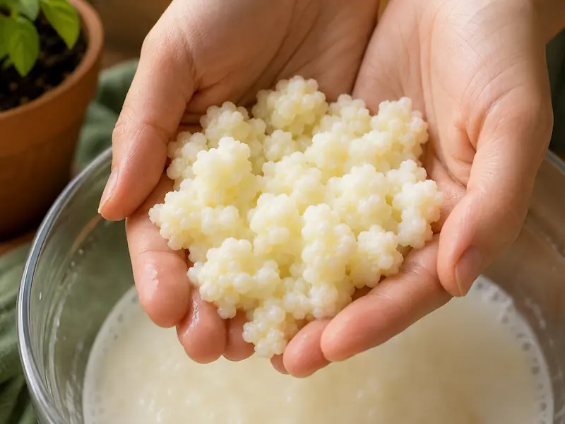 Close-up of live milk kefir grains held in cupped hands