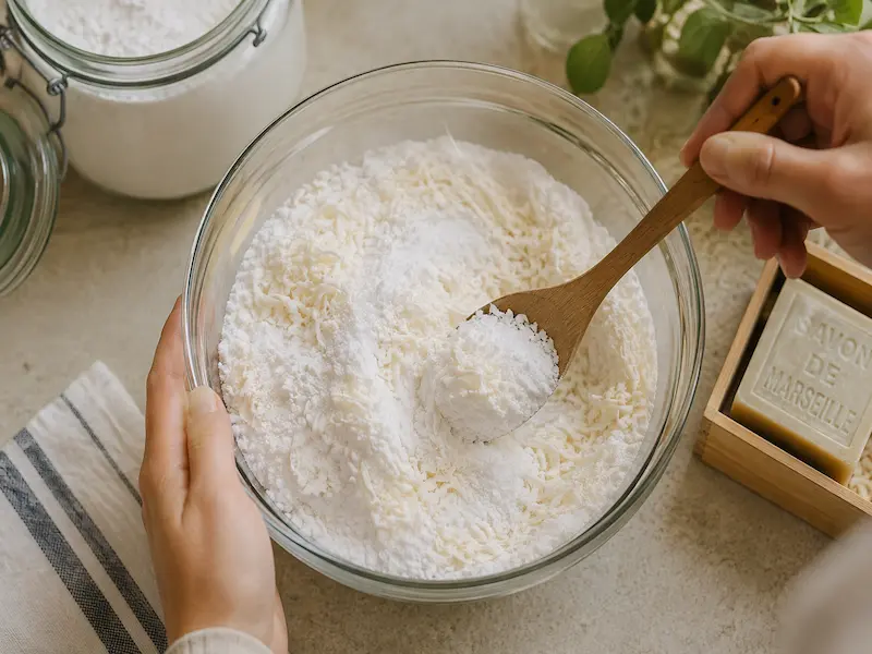 Mixing washing soda, baking soda, and grated castile soap to make natural laundry detergent