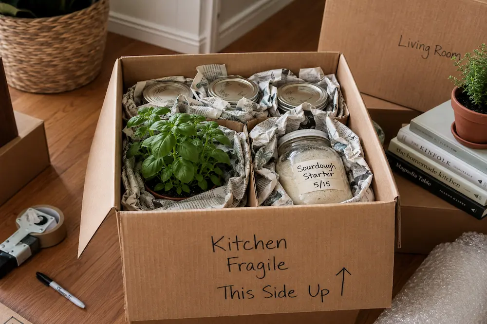 Moving box packed with mason jars, a potted herb, and a labeled sourdough starter jar