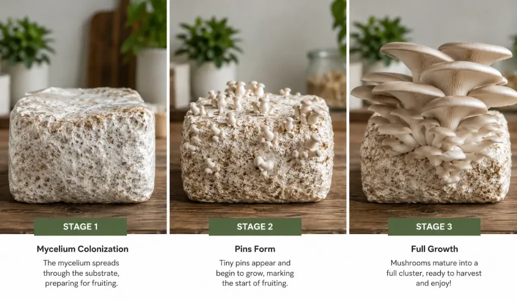 Comparison of mushroom colonization, pinning, and fruiting stages