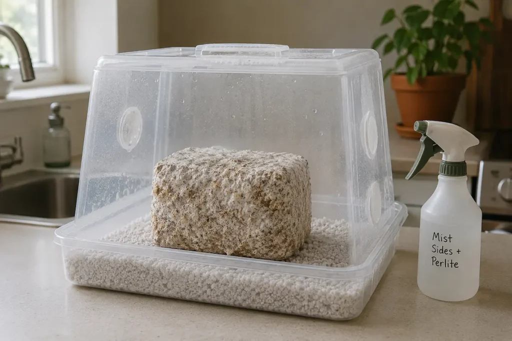 DIY humidity tent made from a clear plastic tote with wet perlite and a spray bottle