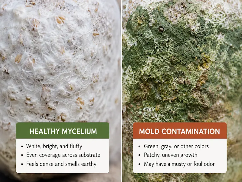 Comparison of healthy white mycelium versus green mold contamination on a mushroom substrate